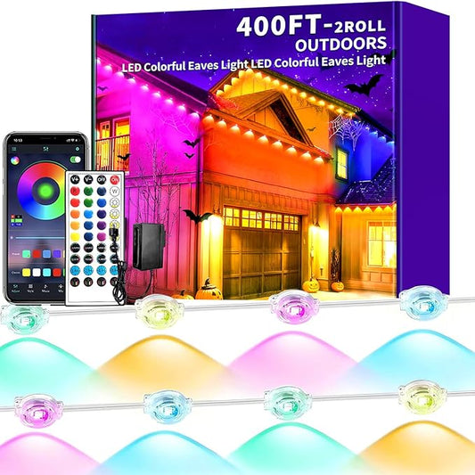 Permanent Outdoor Lights,400ft RGB Outdoor Led Lights,Music Synchronised Eave Light with APP/Remote Control,Waterproof Eave Lights for Halloween,Christmas,Festivals,Parties(Two 200ft Rolls) Rootora