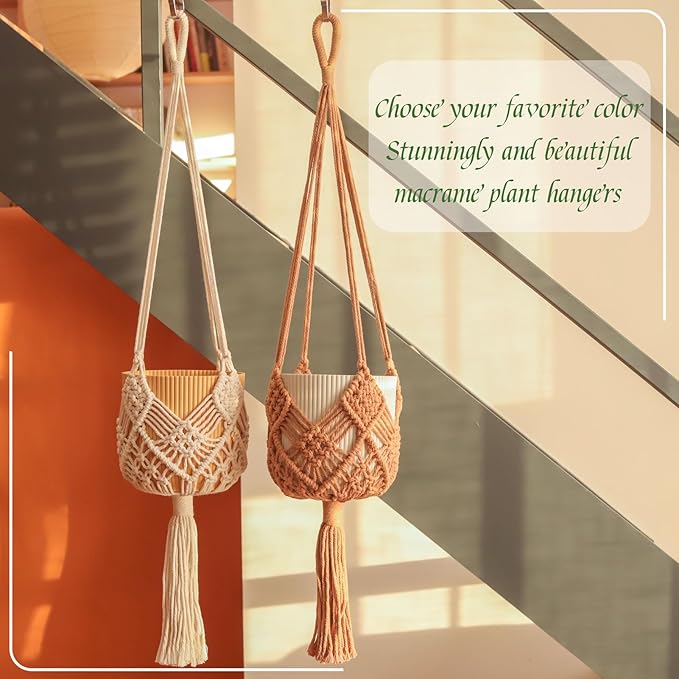 Hanging Planter with Patterns,2Packs Macrame Plant Hangers Indoor Macrame for up to 8 inch Pot Crochet Boho Plant Hanger Holder for Indoor Outdoor with 2S Shaped Stainless Steel Hooks (White) XINBOR