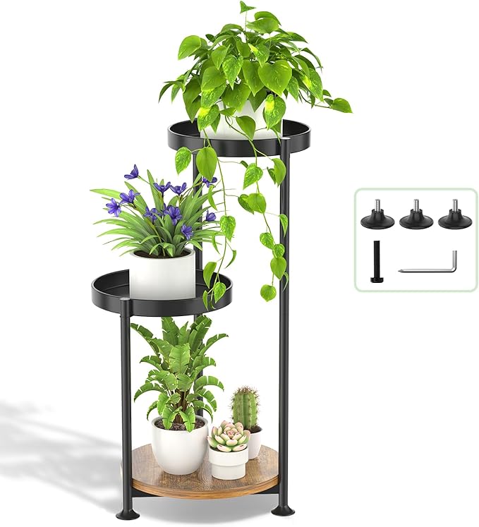 3 Tier Plant Stand Indoor Outdoor, Corner Tierd Metal Flower Shelf Pot Holder Clearance, Tall Multiple Plants Rack Narrow Display Organizer for Patio Orchid Office Porch Living Room Garden,Black Oppro