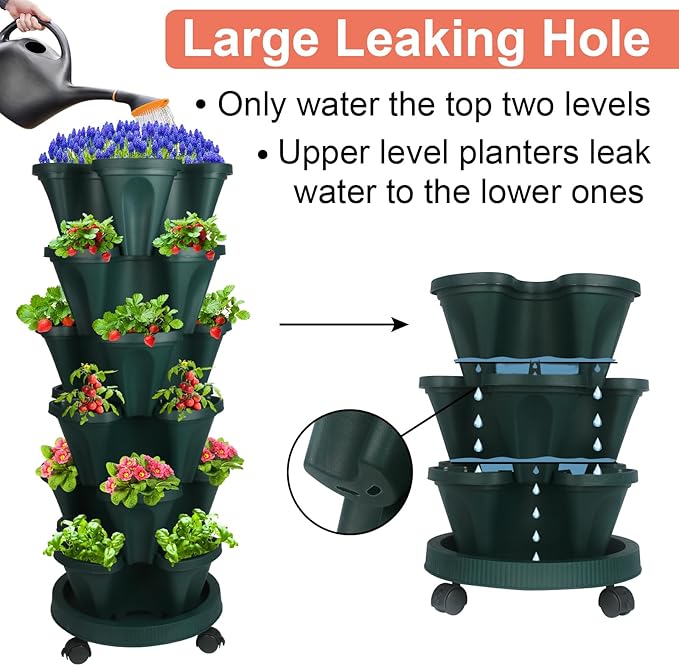 DUNCHATY Stackable Planter, Vertical Garden Planter with Wheels and Tools, Self Watering Strawberry Planter Indoor/Outdoor 6 Tier Herb Planter Pots for Growing Vegetables and Succulents,Pine Green DUNCHATY