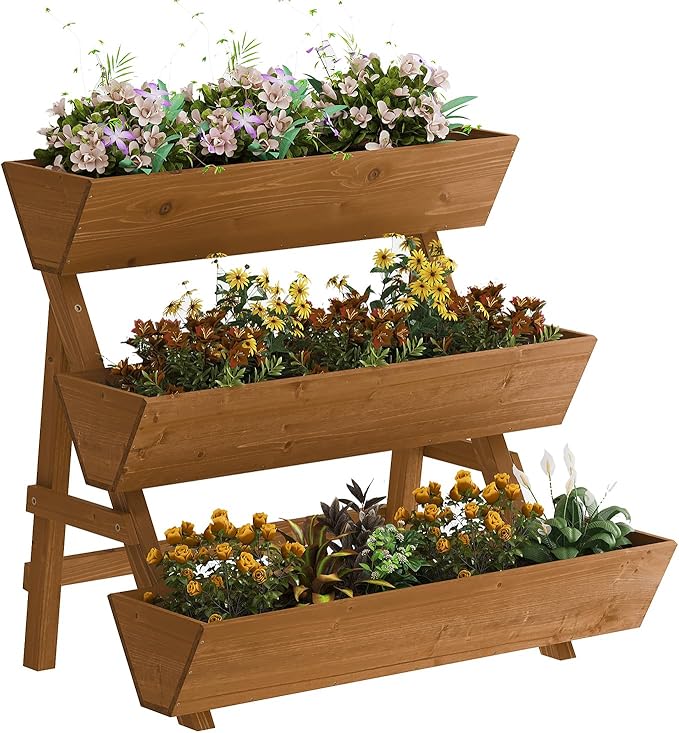 3-Tiers Wooden Raised Garden Bed,Wood Planter Box for Vegetable,Flower Rack,Flower Pot Stands,Indoor Outdoor Gardening Planting Beds (Brown, Large) Kitsanery