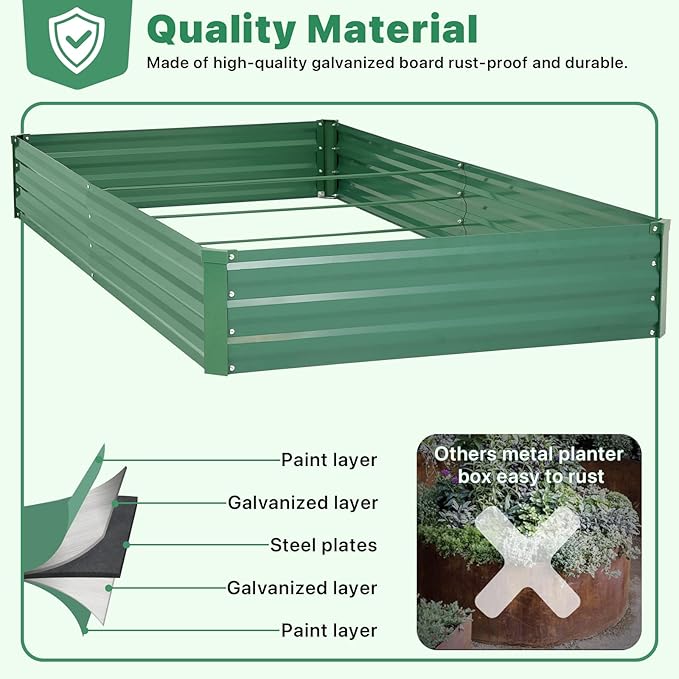 ONCEMORE Galvanized Raised Garden Bed for Vegetables Flowers Herbs, Metal Raised Garden Bed Kit with 2 PCS Tomato Cage, Gloves, Trellis Netting, Plant Labels, Plant Ties, Green 6×3×1FT ONCEMORE