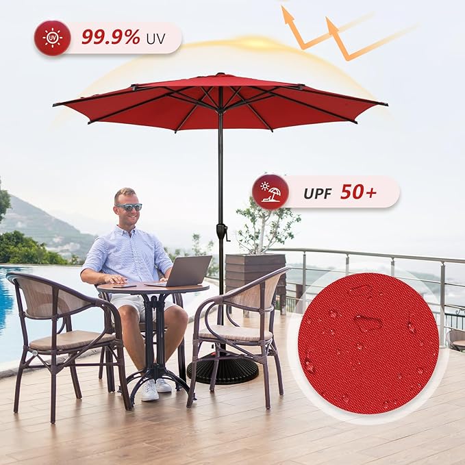 Abba Patio 9FT Lyon Outdoor Patio Umbrella Outdoor Table Umbrella with Push Button Tilt and Crank Market Umbrella 8 Sturdy Ribs UV Protection Waterproof for Garden Deck Backyard Pool Dark Red AbbaPatio