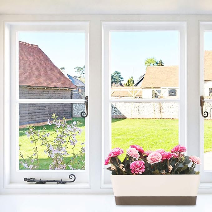 SUREAM Indoor Herb Planter Boxes, 4 Pack Window Box with Tray, Modern Plastic Plant Flower Succulent Cactus Pots for Windowsill, Garden Balcony, Home Office Outdoor Decor(6x3.8, 12x3.8, 16x3.8Inch) Suream
