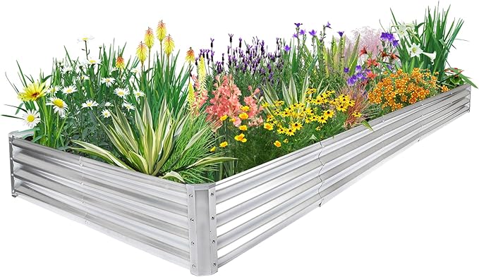 JERIA 12×4×1ft Raised Garden Bed with Support Rods,Galvanized Raised Garden Bed Kit Outdoor Metal Gardening Planter Box for Vegetable, Fruits, Flower JERIA