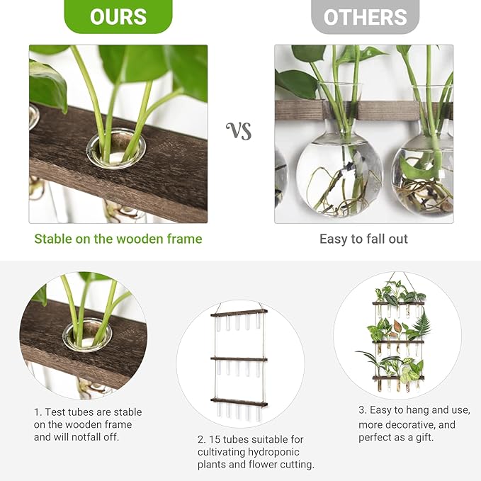 Mkono Plant Propagation Tubes, 3 Tiered Wall Hanging Terrarium with Wooden Stand & 21 Test Tube Vases for Hydroponic Plant Cutting & Home/Office Decor Mkono