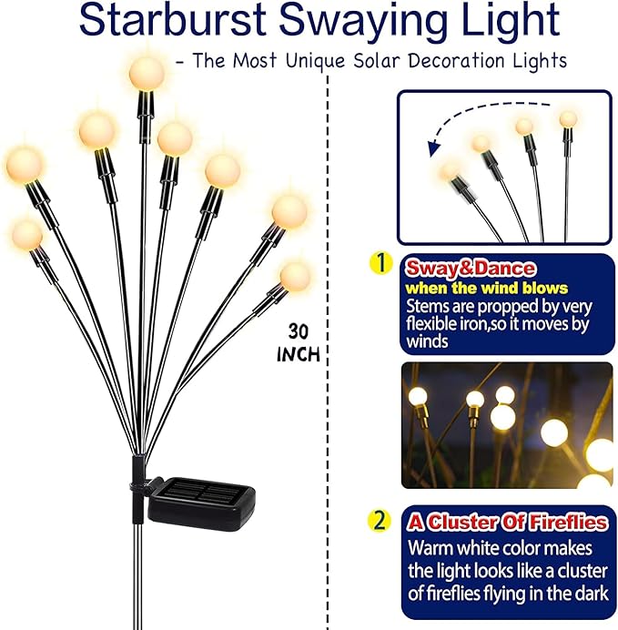 TONULAX Solar Garden Lights - Upgraded Solar Swaying Light, Sway by Wind, Outdoor Lights, Yard Patio Pathway Decoration, High Flexibility Iron Wire & Heavy Bulb Base, Warm White (4 Pack) TONULAX