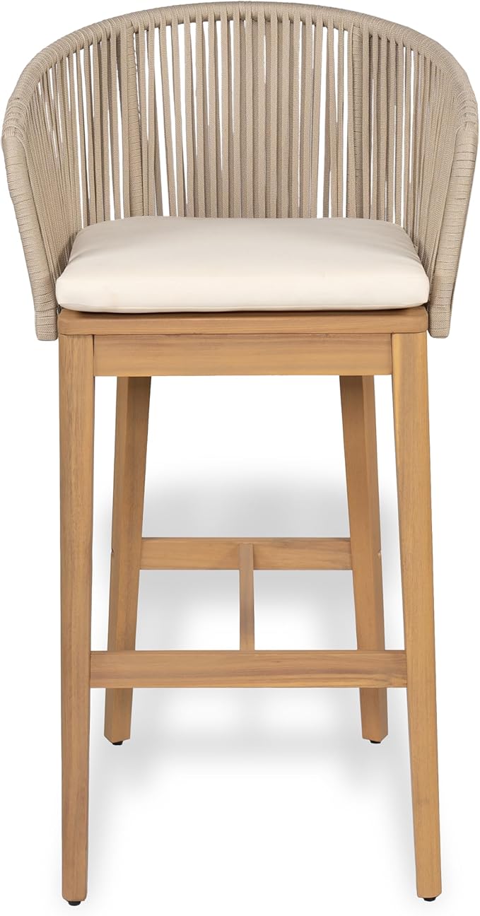 Christopher Knight Home Zax Set of 2 Patio Barstool, Acacia Wood & Rope Outdoor Counter Stool with Backrest/Footrest, Barstool Chairs with Cushion Seating for Backyard Balcony Garden, Beige + Teak ChristopherKnightHome