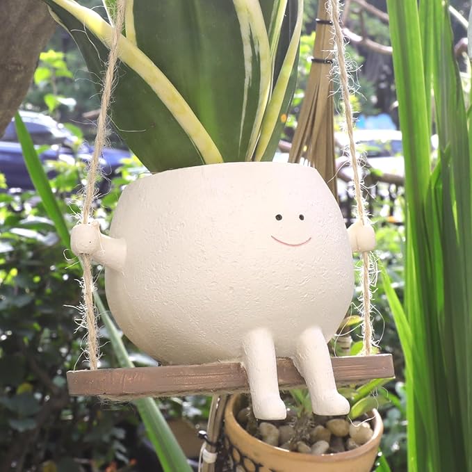 Swing Face Planter Pot Hanging Resin Flower Head Planters for Indoor Outdoor Plants Succulent Pots for String of Pearls Plant Live Gift Ideas for Mother, Christmas UMESONG
