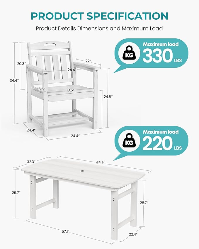 Outdoor Rectangle Dining Table, Heavy-Duty HDPE Table for 6, Weatherproof Patio Table with Umbrella Hole, Rounded Corners for Safety, White Suunyn