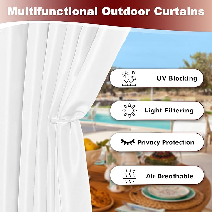 HolidayIdeas White Outdoor Curtains for Patio Waterproof 8 Pcs All Weather Balcony Grommet Top Outside Curtains for Apartments, Gazebo, Pergolas, Porch, 54x84 Inch HolidayIdeas