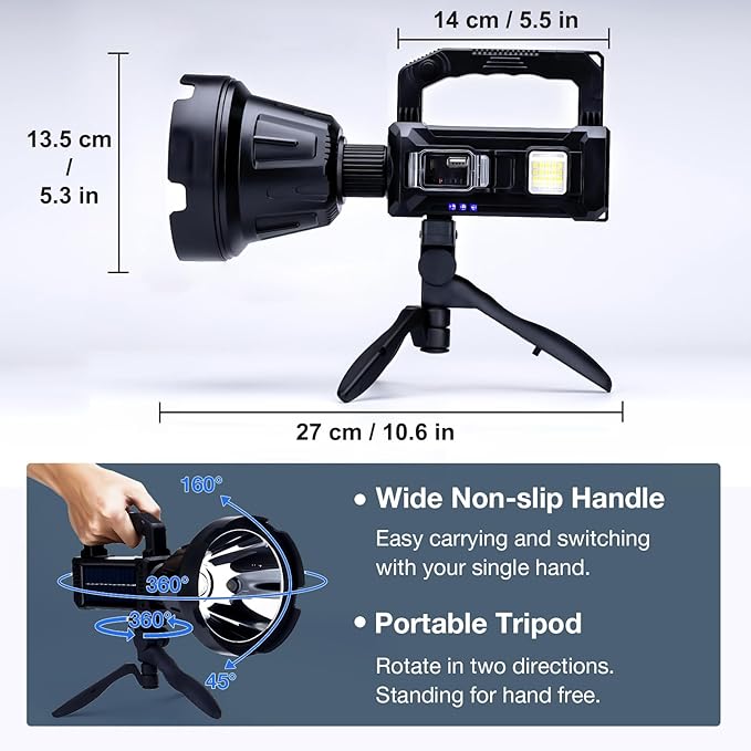 Solar Rechargeable Spotlight, 2,000,000L High Lumens Led Spot Lights Outdoor Handheld Super Bright Long Range Flashlight with 6 Modes, 3 Colored Filters, Tripod, USB C, IPX6 Waterproof for Fishing Sogidon