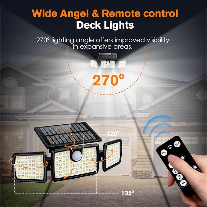 Solar Lights Outdoor, Quick Charge Solar Motion Deck Lights Outdoor for Deck with 158LEDs High Brightness, Larger Built-in Tempered Glass Panel, Sensitive PIR Motion Inductor (Remote,1 Pack) MIHANI