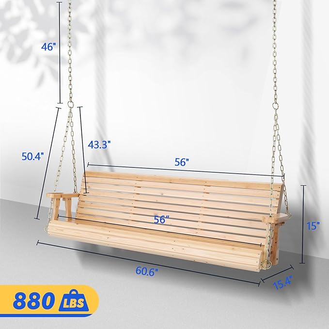 VINGLI Upgraded Patio Wooden Porch Swing for Courtyard & Garden, Heavy Duty 880 LBS Swing Chair Bench with Hanging Chains for Outdoors (Natural, 5 FT) VINGLI
