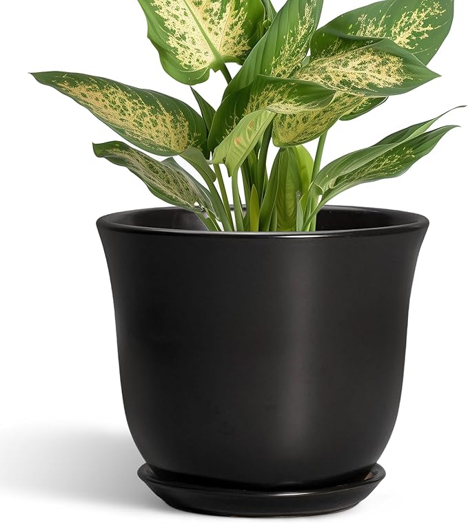 Ceramic Planter - 5.6 Inch Plant Pot for Indoor Outdoor, Round Succulent Pots with Drainage Hole and Saucer, Orchid Flower Pot, Modern Planter, Home Office Decor, House Warming Gifts, Black SUNPOTFOR