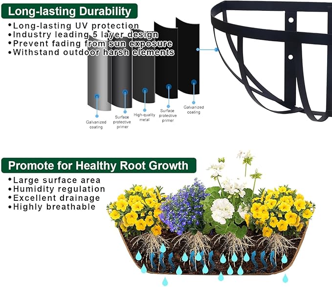 36'' Window Box Railing Planter with Coco Liner,4 Pack Horse Trough Planters Black Metal Hanging Flower Planters Basket for Porch Fence Patio Indoor Outdoor Lawn Qusuxi