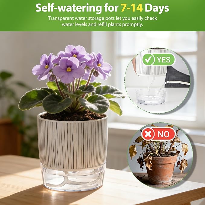 Self Watering Pots for Indoor Plants, 4 and 5.3 Inch, Plastic, Black Stripes, Round, Modern, Tabletop Samhe