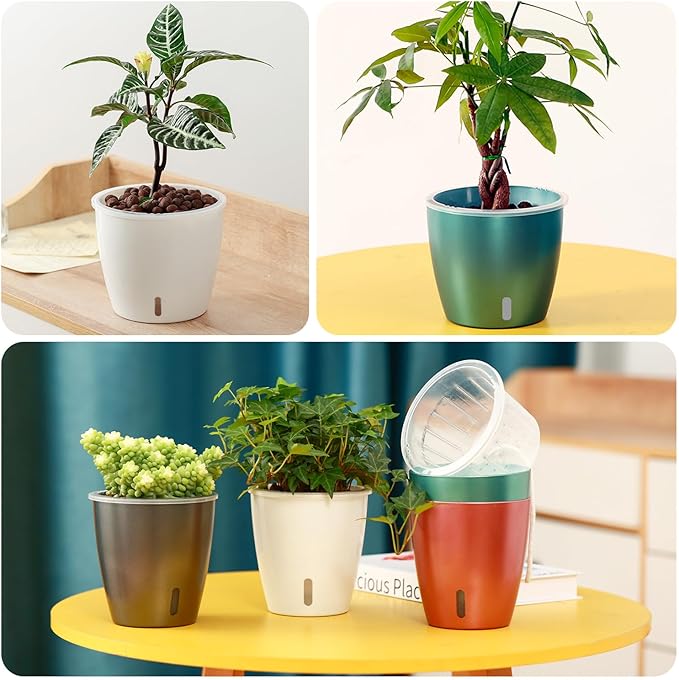 Self-Watering Pots for Indoor Plants, 8-Pack 6.7'' Self Watering Planter with Drainage Holes, Small African Violet Pots with Water Indicator, Clear Wick Pot, White KvyusFlourish
