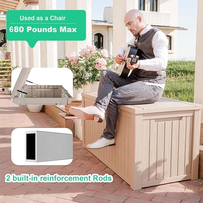 200 Gallon Outdoor Deck Box, Lockable Waterproof Outdoor Storage Boxes For Garden Tools,Indoor Cushions,Accessories Outside Storage Resin Weatherproof Container(Grey) MAIUSCOLI