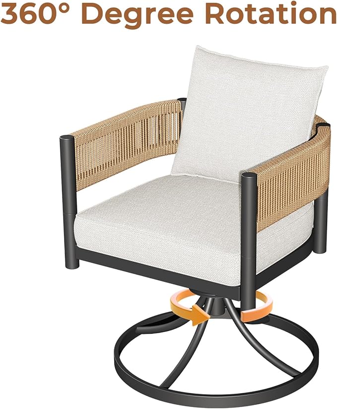 Grand patio 7-Piece Outdoor Dining Set for 6, Metal Woven Wicker Swivel Patio Chairs with Thickened Cushions & 1 Walnut-Like Aluminum Dining Table for Backyard Deck GrandPatio