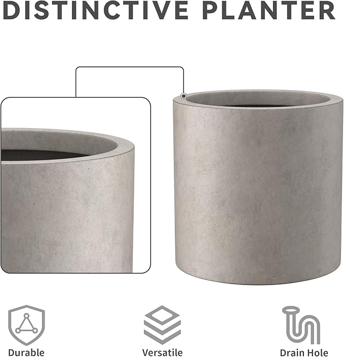 Kante 12.6" Dia Round Concrete Planter, Modern Style Large Cylindrical Plant Pot with Drainage Hole and Rubber Plug for Indoor Outdoor Patio, Weathered Concrete Kante
