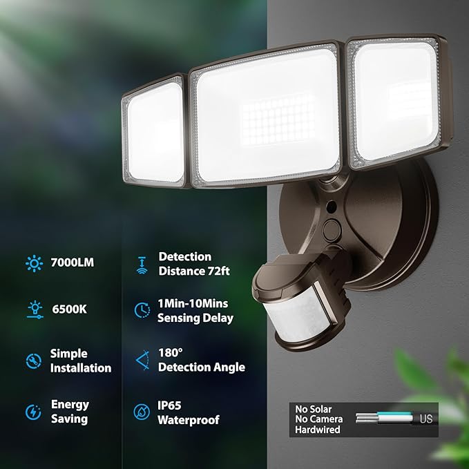 Onforu 75W LED Flood Light Motion Sensor Outdoor, 7000lm Dusk to Dawn Flood Light, Security Light with Three Head, IP65 Waterproof Exterior Floodlight, 6500k Wall Light for Entryway Stairs Yard Garage Onforu