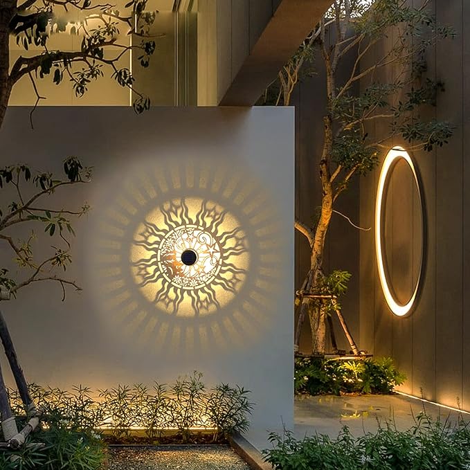 4 Pack Solar Fence Lights Metal Solar Powered Outdoor Wall Deck Lights Sun Moon Theme Waterproof Fence Light for Garden Post Patio Backyard Yard Decor (Face, 4 Pack) gardencave