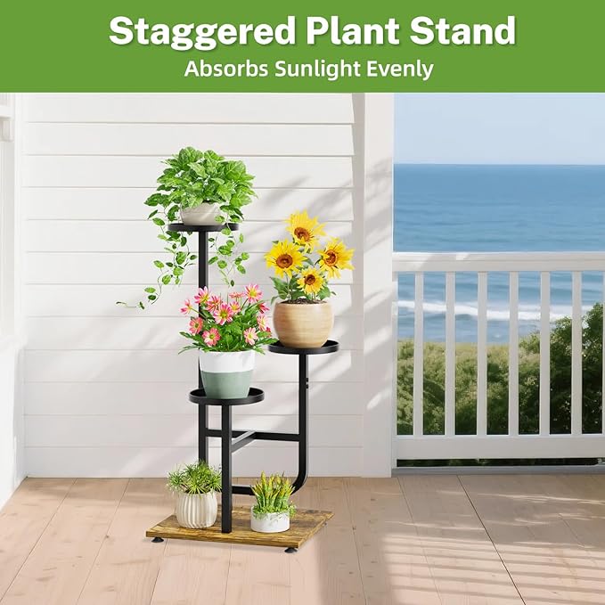 iDavosic.ly 3 Tier Plant Stand Indoor, Corner Tiered Multiple Flower Holder Shelf with Metal Trays, Orchid Display Wooden Rack for Patio Porch Living Room Balcony Outdoor, Modern Black & Rustic Brown iDavosicly