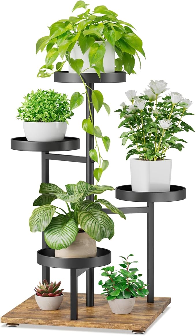 iDavosic.ly 4 Tier Plant Stand Indoor, Tiered Corner Flower Holder Shelf Outdoor, Metal Tall Orchid Display Rack for Patio Porch Garden Balcony Office Living Room, Modern Black & Rustic Brown iDavosicly