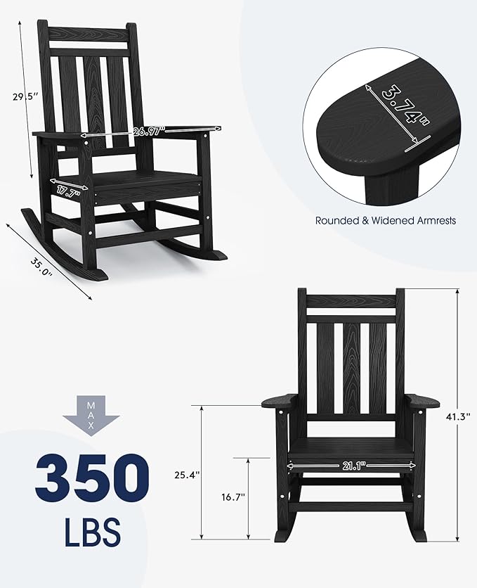 KINGYES Oversized Outdoor Rocking Chair, All-Weather Patio Rocking Chairs for Porch, HDPE Outdoor Patio Rockers with High Back & Wide Seat for Garden, Lawn, Black KINGYES
