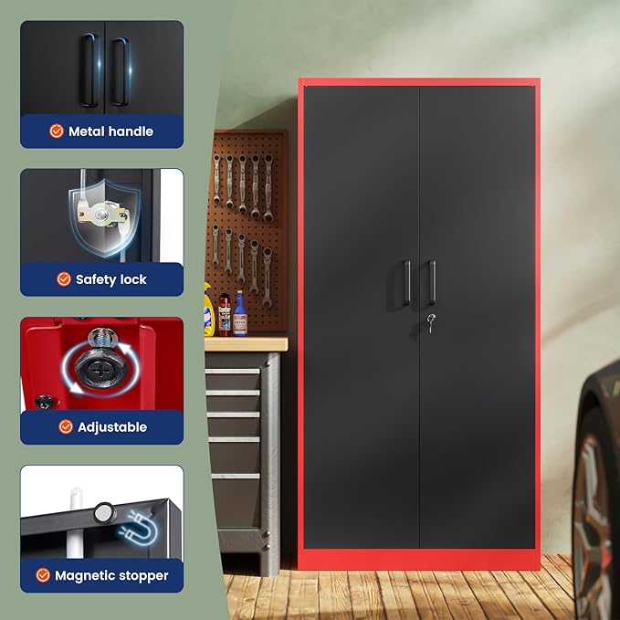 Yizosh Metal Storage Cabinet with Lock Doors and 5 Adjustable Shelves,- 72" Garage Storage Cabinet for Home,Office,Garage,School Yizosh