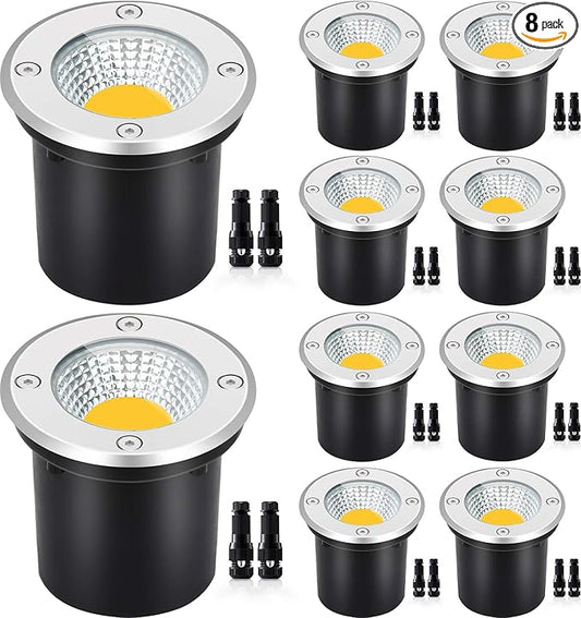 SUNVIE Low Voltage Landscape Well Lights with Wire Connectors, 12W LED, IP67 Waterproof Outdoor In-Ground Garden Lights 12V-24V Warm White for Pathway Driveway Deck (10 Pack & Connectors) SUNVIE
