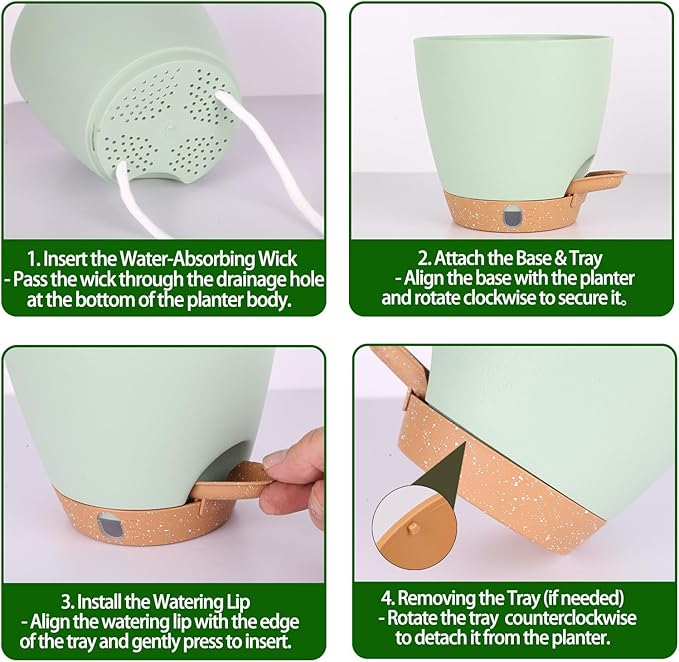 Self-Watering Plant Pots for Indoor Plants: 5/6 Inch Plastic Planter with Water Level Indicator, Drainage Holes & Deep Reservoir, Modern Decorative Flower Pot (Green) THEJIYUE