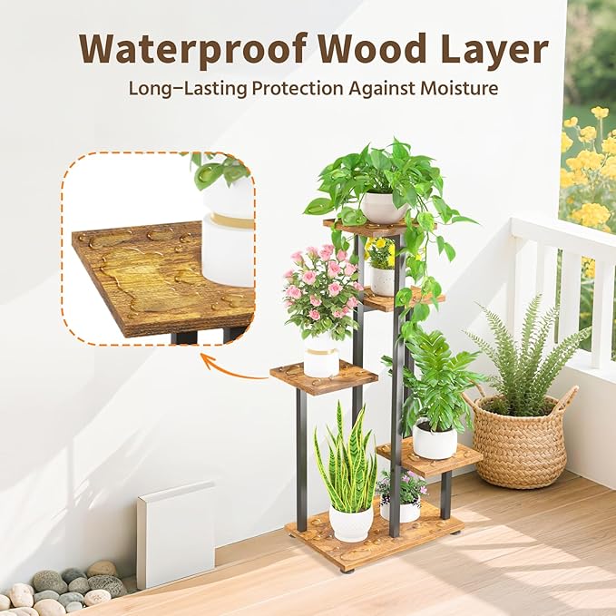LASZOLA Black 5 Tiered Wood Plant Stand Indoor for Large Heavy Duty Planter, Sturdy Multi Level Corner Vertical Flower Rack for Narrow House, Rustic Tall Orchid Shelving Holder for Decor, Space Saving LASZOLA