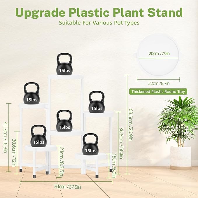 iDavosic.ly 6 Tier Folding Plant Stand Indoor Outdoor with Plastic Tray, Tiered Corner Flower Holder Shelf, Metal Orchid Display Rack for Patio Porch Living Room Garden Balcony, White iDavosicly