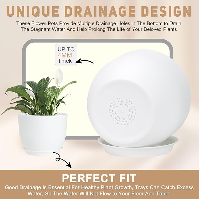 Plant Pots 10/9/8/7.5/7 inch Flower Pots with Multi Mesh Drainage Holes, Planters for Indoor Outdoor Garden Plants and Flowers. (White) AFamilyofGardenLovers
