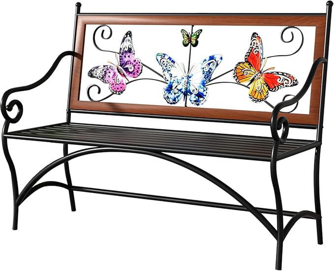 39.7" Outdoor Bench, Garden Bench, Patio Bench with Armrest, Slatted Seat and Butterfly Pattern Backrest for Outside, Front Porch, Park, Lawn, Backyard and Balcony, Cast Iron Metal Frame, Black KINGBO