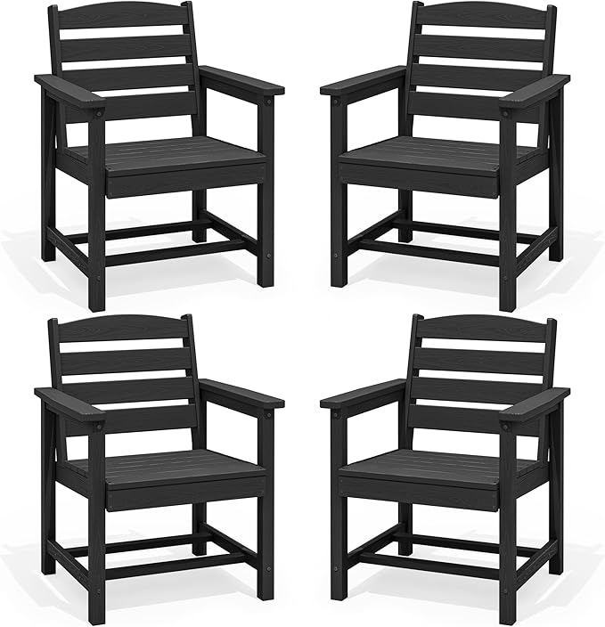 SERWALL Outdoor Dining Chairs Set of 4, All-Weather HDPE Patio Chair with 19.7" Widened Seat, for Backyard, Garden, Black SERWALL