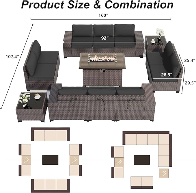 ALAULM 13 Pieces Outdoor Patio Furniture Set with Propane Fire Pit Table Outdoor Sectional Sofa Sets Patio Furniture 43" Gas Fire Pit Brown PE Rattan Patio Conversation Set w/10 Cushions (New Black) ALAULM
