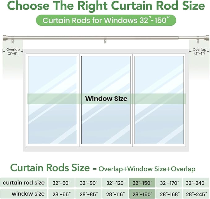 Curtain Rods for Windows 72 to 144, 1 Inch Adjustable Heavy Duty Long Window Drapery Rods with End Caps, Indoor Outdoor Curtain Rod for Patio Bedroom, Size 32" - 150", Brushed Nickel TimeForest