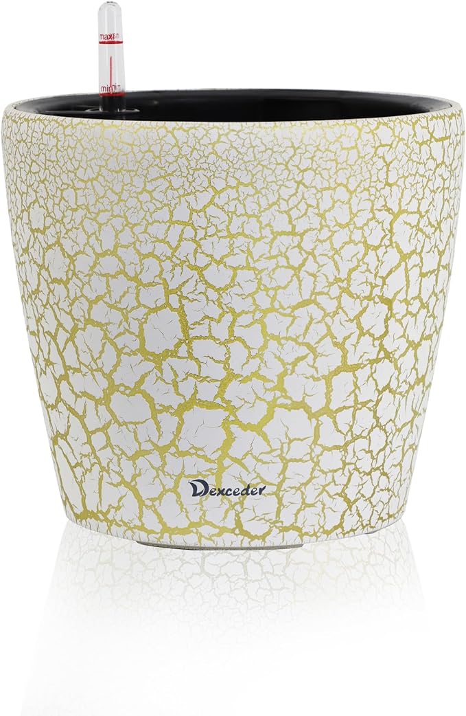 Dexceder 9x8 Inches Self Watering Planter Indoor Outdoor, Inner Pot Design, Thickened Table Flower Plant Pot with Water Level Indicator (White Gold Crackle) Dexceder