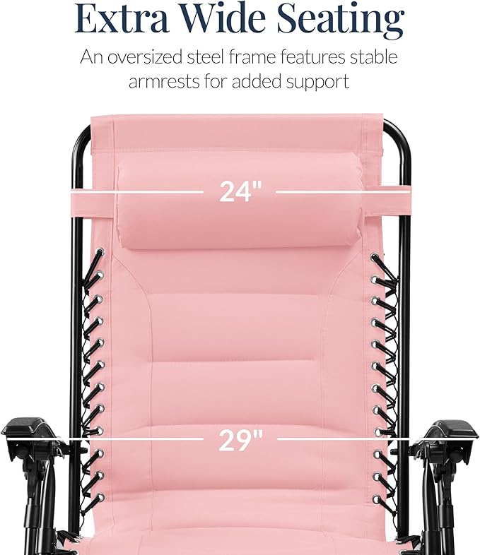 Best Choice Products Oversized Padded Zero Gravity Chair, Folding Outdoor Patio Recliner, XL Anti Gravity Lounger for Backyard w/Headrest, Cup Holder, Side Tray, Polyester Mesh - Bubblegum Pink BestChoiceProducts