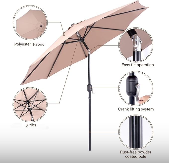 Backyard Expressions 9 ft. Patio Umbrella, Market Table Umbrella w/Tilt and Crank, 8 Ribs BackyardExpressions