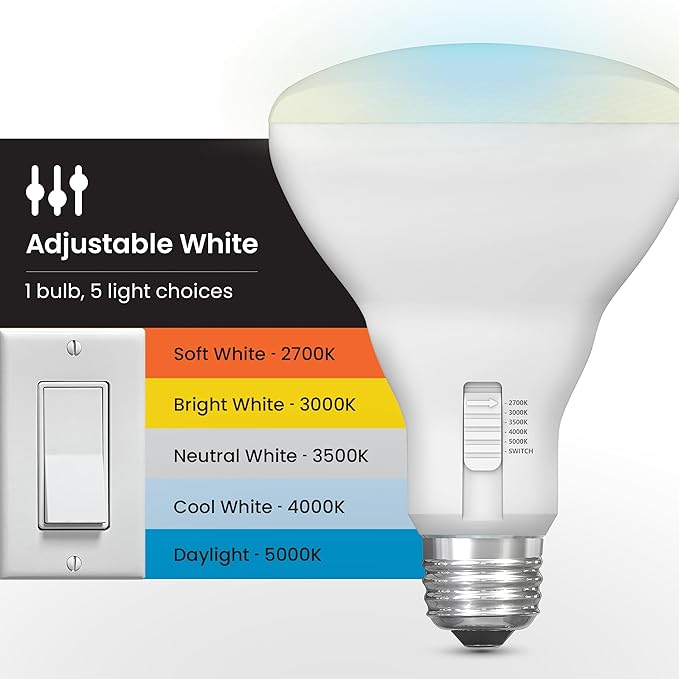 Feit Electric BR30 LED Light Bulb, 100W Equivalent, Dimmable, 1400 Lumens, 5-Color Adjustable White, 90+ CRI, General Purpose Flood & Track Lighting, 25,000-Hour Lifetime, BR30100DM/6WYCA/2, 2 Pack FeitElectricCompany