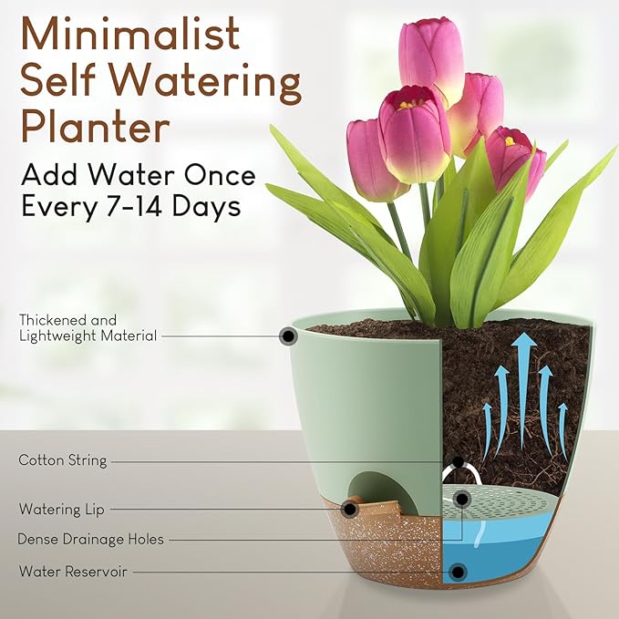 Plant Pots 10/9/8/7.5/7 inch, Self Watering Planters with Drainage Holes & Saucers for Indoor and Outdoor Plants (Green) AFamilyofGardenLovers