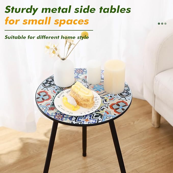 1 Pack Metal Outdoor Side Table Small Outside Round End Table for Patio Modern Accent Garden Corner Table for Small Spaces, Balcony, Porch, Weather-Resistant, Plant Stand Indoor, Mixed Mosaic PartyZealot