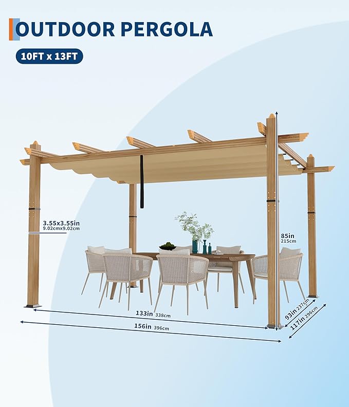 10 x 13 ft Aluminum Pergola with Adjustable Canopy, Outdoor Metal Pergola, Imitation Wood-Grain Sun Shade Shelter for Garden Patio Backyard Deck BouPower