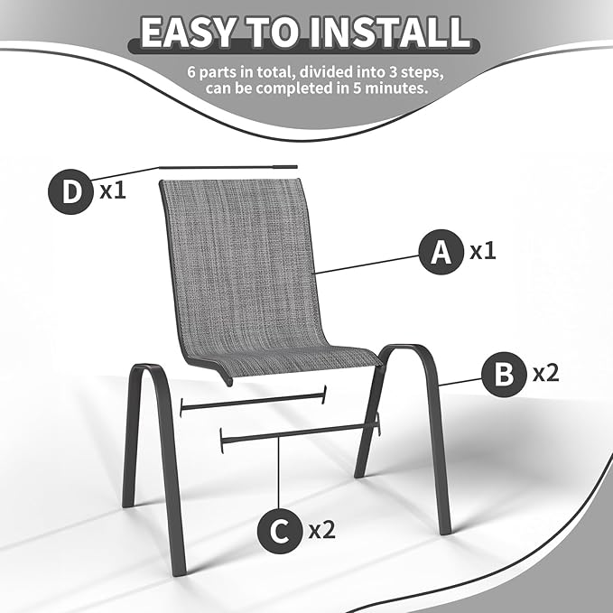 Patio Dining Chairs Set of 6, Outdoor Stackable Dining Chairs High Back, Patio Furniture for Backyard, Porch, Garden, Poolside (Grey) VonzoyHome