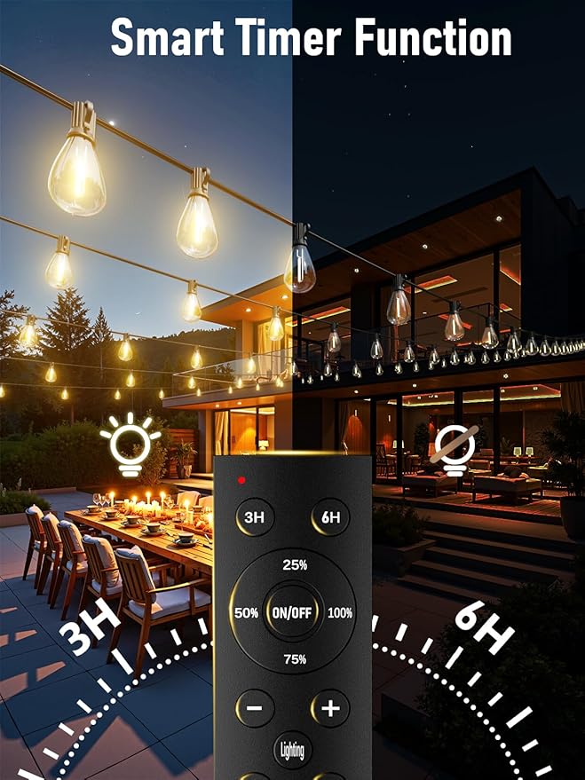 luckystyle 150FT LED Outdoor String Lights with Remote, 55+2 Shatterproof Bulbs Waterproof and Dimmable Patio Lights for Porch, Garden, Backyard, Deck, Balcony, 2700K Hanging Lighting luckystyle