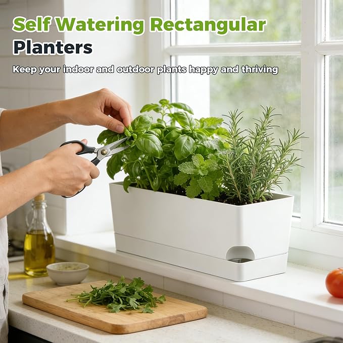 4 Pack Self Watering Pots for Indoor Plants 17 Inches Window Boxes Planters Rectangular Flower Pots Rectangle Herb Pots Large Plant Pots with Drainage Holes and Saucers Windowsill Planter, White KvyusFlourish